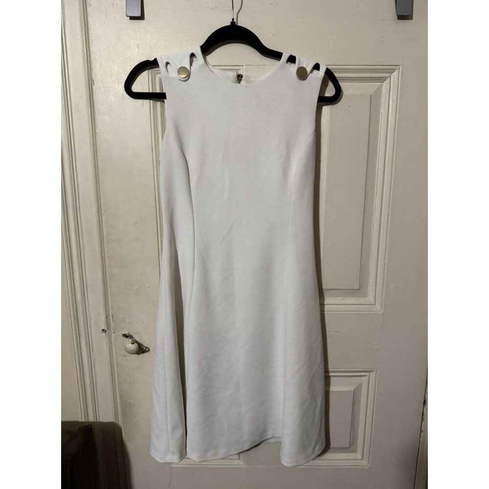 Calvin Klein White Fit & Flare Dress Size 6 Gold Button Sleeveless Cocktail Work